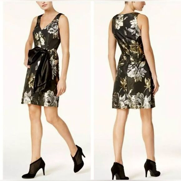 (N5) Trina Turk Taylor Metallic Floral Print Mini Dress,Black Gold Cocktail Sz 2 - Picture 3 of 16